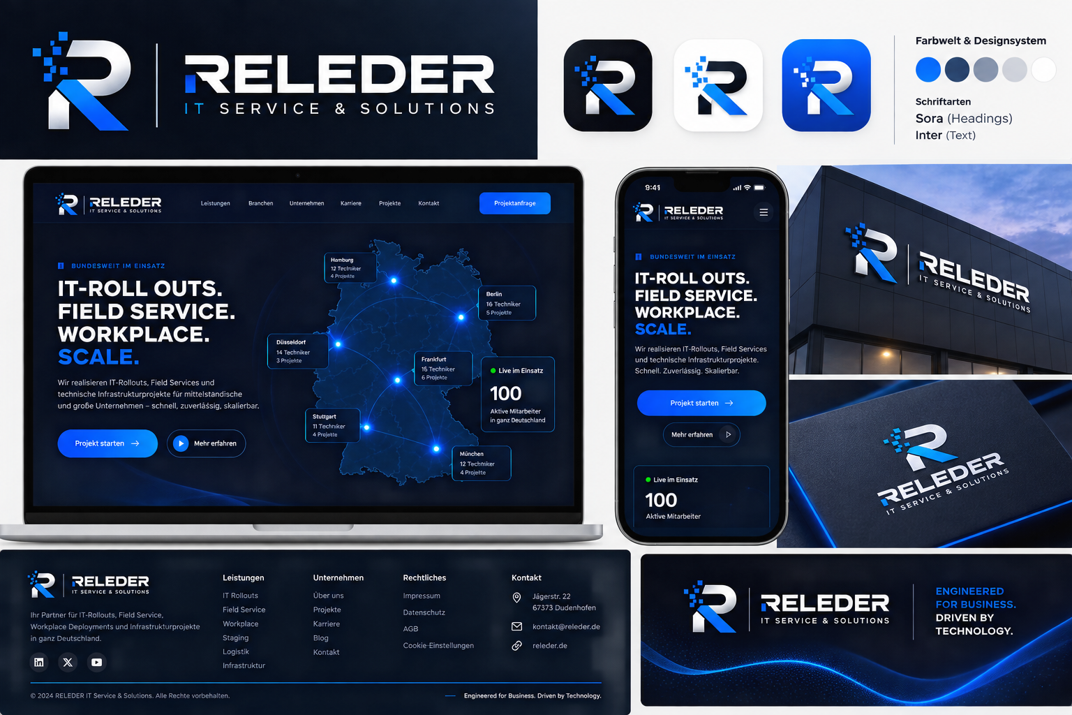RELEDER IT Service & Solutions Corporate Design mit Logo, Desktop- und Mobile-Webseite, Deutschlandkarte, Unternehmensbranding und digitalem IT-Auftritt