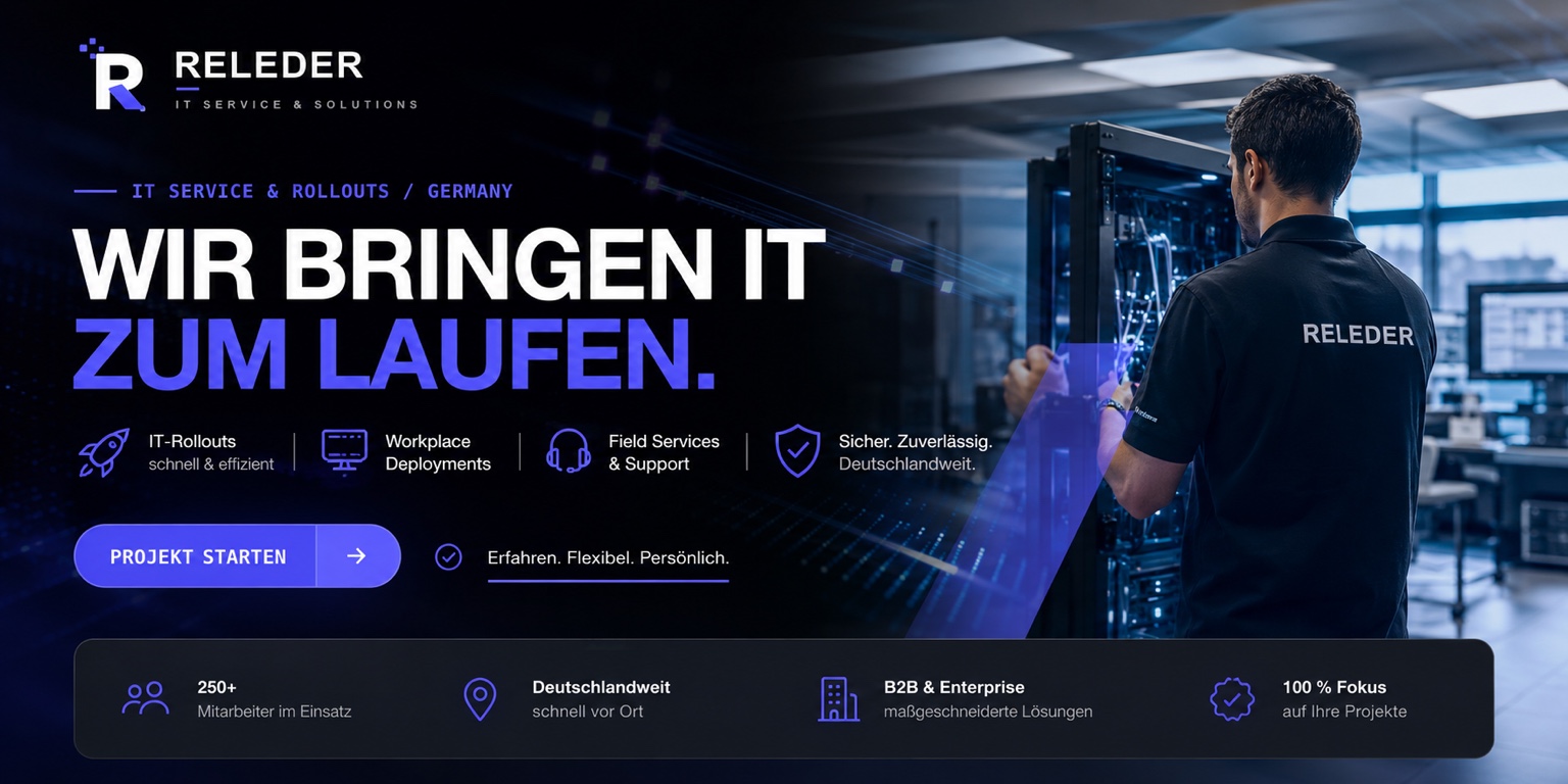 RELEDER IT Service & Solutions – professioneller IT-Techniker bei einem Enterprise-IT-Rollout mit Workplace, Field Service und Infrastruktur